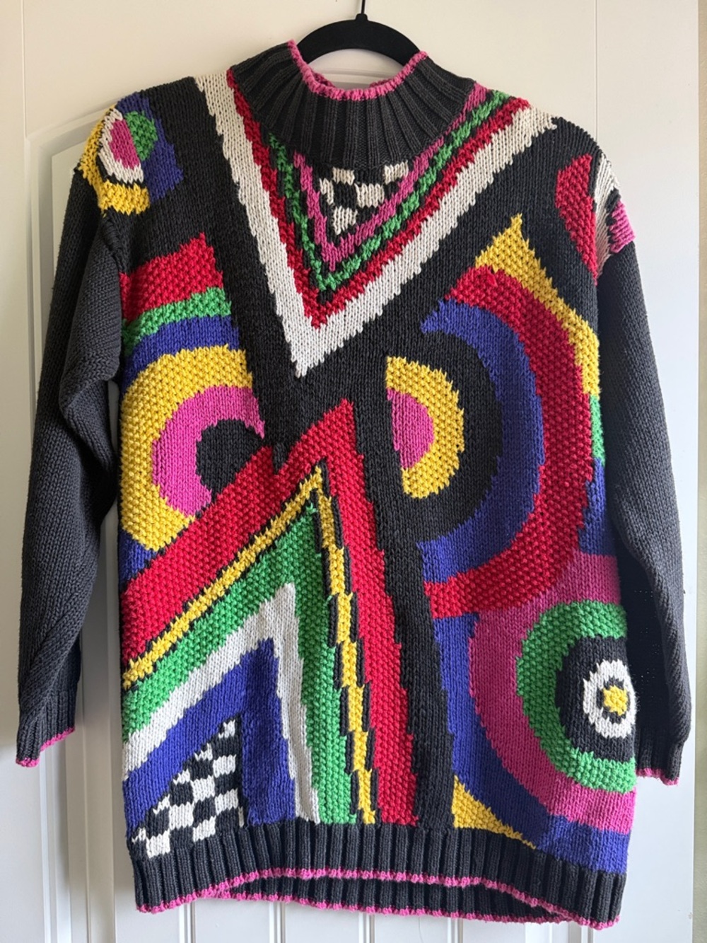 Black Multicolor Geometric Knit Sweater